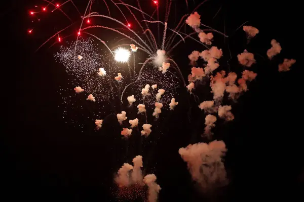 Barevný Ohňostroj Show Barevnými Explozemi Noci Během Národní Oslavy — Stock fotografie