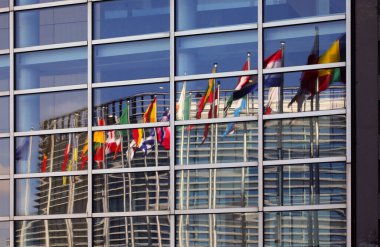 Strasbourg, FRA, Fransa - 16 Ağustos 2022: Avrupa Parlamentosu yakınlarında çok sayıda bayrak