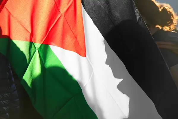Bandera Palestina Contraluz Con Silueta Del Rostro Del Manifestante Durante —  Fotos de Stock