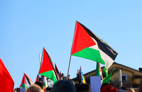 Bandera Palestina Ondeando Durante Una Manifestación Protesta Pacífica Con Mucha —  Fotos de Stock