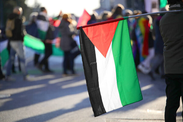 Palestine flag in backlight during a protest with many people in the city streets