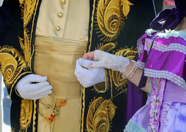 Noble Aristocratic Couple Holding Hands Gloves Ancient Costumes — Stock Photo, Image