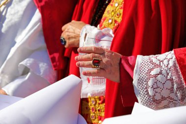 Bishop in resplendent red vestments blesses congregation with ringed hand clipart