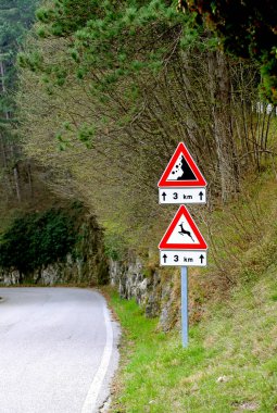 Heyelan ve yoldan geçen vahşi hayvanlara dikkat eden yol işareti.