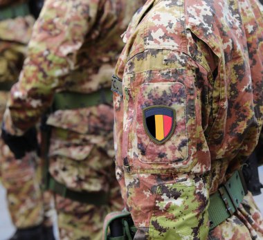 Yeşil ve kahverengi kamuflaj üniformalı asker. Belçika bayrağı rozetli.