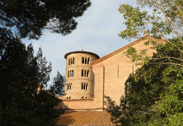 Classe, RA, Italy - April 27, 2024: Basilica of Saint Apollinare in Classe near Ravenna City and bell tower
