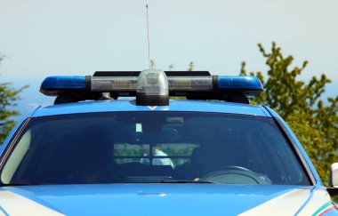 Polis arabası yanıp sönen mavi ışıklar ve polis memurlarının belirsiz yüzleri.