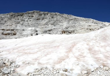 Mavi gökyüzü olan insanlar olmadan iklim değişikliğinden dolayı dağda eriyen buzullar.