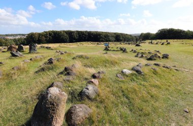 Aalborg, A, Danimarka - 25 Ağustos 2024 Lindholm Hoje yani Hills, Jutland 'da çok ünlü bir Viking mezarlığı.