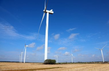 Rüzgâr türbinleri elektrik üretimi için ekilmiş tarımsal bir alana yerleştirilen rüzgarın gücünü sömürürler.