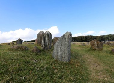 Aalborg, A, Danimarka - 25 Ağustos 2024: Danimarka 'nın Jutland yarımadasındaki Lindholm Hoje veya Lindholm Hills adlı önemli mezartaşları
