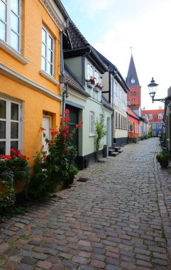 narrow cobblestone alley with typical northern Danish houses featuring grid windows flower beds and a bell tower at the end without people clipart