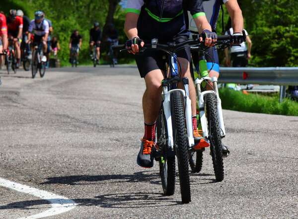гравийные велосипеды с жирными шинами и вилами во время гонки на асфальтированной дороге