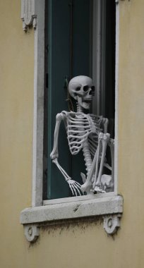 Komik iskelet evin pencere eşiğinde cadılar bayramı gecesinin gelmesini bekliyor.