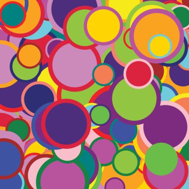 Birçok renk üst üste binen ve çeşitli boyutlarda klasik tarzda eşmerkezli renkli çemberler dizisi