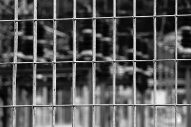 Siyah-beyaz dramatik mülteci kampının geçilemez sınırını gösteren metal çitler.