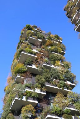 Milan, MI, İtalya - 2 Kasım 2024: BOSCO VERTICALE adı verilen ünlü gökdelen bu da demek oluyor ki Dikey Orman, Boeri Stüdyosu tarafından tasarlanmış iki yerleşim yeri olan ve her terasta bir ağaç veya bitki bulunan bir gökdelendir.