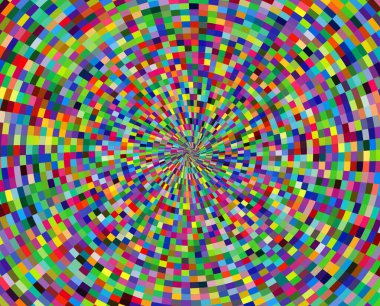 birçok renkte hipnotik arkaplan ve merkeze doğru yaklaşan rastgele renkli parçalar