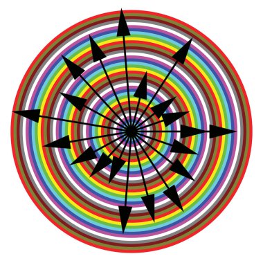 many brightly colored concentric circles and many arrows coming from the center ideal as a concept of choices possibilities and various decisions clipart