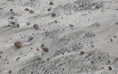 Kumsalda kumsalda biraz taş ve kumların üzerinde rüzgarın bıraktığı izler.