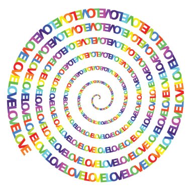 randomly colored letters making up the word LOVE repeating endlessly forming a spiral that wraps inward towards the center clipart