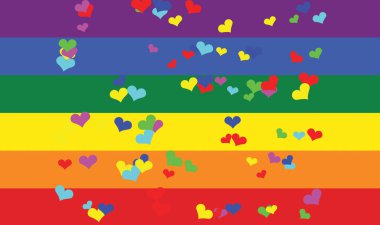 flag with the colors of the rainbow violet blue green yellow orange and red and many hearts of different colors a symbol of universal love clipart