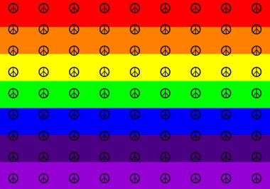 Yatay çizgili gökkuşağı bayrağı ve düzenli sıra ve sütunlarda sıralanmış siyah barış sembolleri