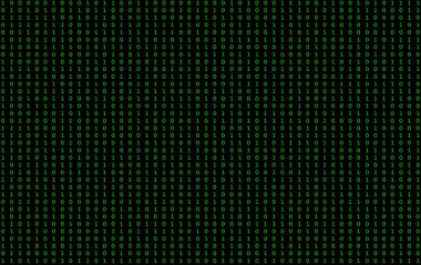 Yeşil 0 'lar ve 1' ler dizisi, bilgisayar ikili sistem kavramı olarak siyah bir arkaplan üzerinde rastgele düzenlenmiştir