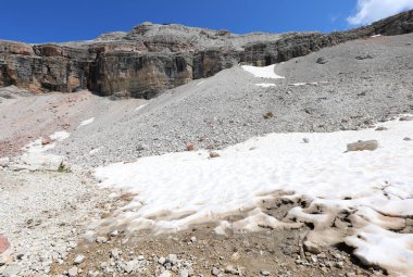 Little snow on an old glacier in the northern Italian Alps during summer with no people clipart