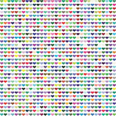 Hundreds of equally sized hearts but with varied vibrant and cheerful colors arranged randomly on a white background clipart