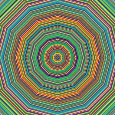 many brightly colored randomly arranged regular twelve-sided concentric dodecagons ideal as a cheerful and colorful background for creative designs clipart