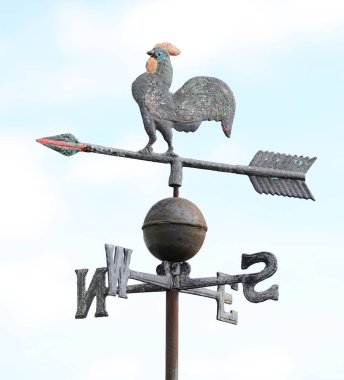 Demir rüzgar gülünün tepesinde bir horoz rüzgarın yönünü gösterir ve aşağıdaki başlıca yön için harfler vardır.