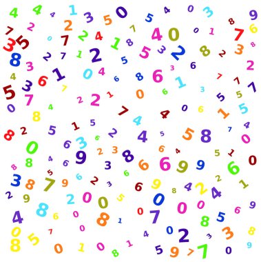 Sıfırdan dokuza rastgele renklendirilmiş sayılar beyaz zemin üzerinde rastgele sıralanmış, matematik, hesaplama ve rastgele sayı kavramları için ideal.