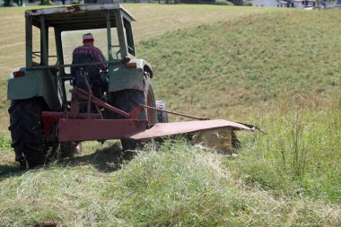 Tractor with a rotary tiller attached aerating grass in a field after mowing on a hillside at the end of summer clipart