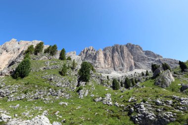 Kuzey İtalya 'daki Avrupa Alpleri' ndeki İtalyan dolomitlerinin kaya duvarının altından manzara