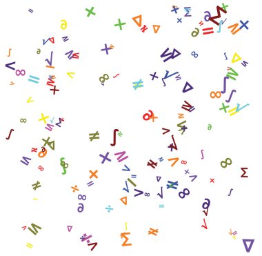 Matematik, hesaplama ve eğitim kavramı olarak beyaz bir arkaplan üzerine rastgele dizilmiş matematiksel semboller