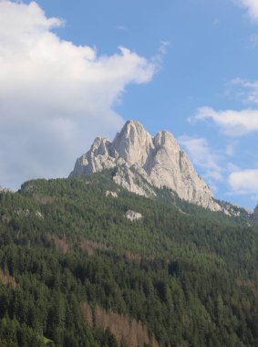 Kuzey İtalya 'daki Avrupa Alpleri' nde aşağıda ormanı olan Dolomitlerin solgun kayaları.