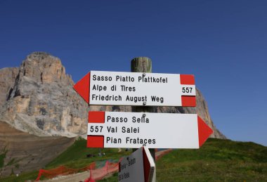 wooden arrows with directions to alpine refuges and mountains in Italian without people in summer clipart