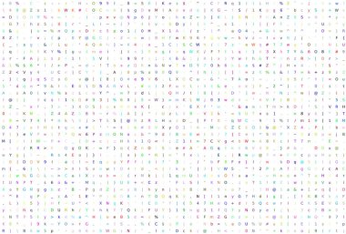beyaz arkaplanda rastgele renkleri olan ASCII kodunun özel karakterleri ve numaralarıyla ızgara