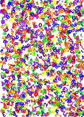 Matematik ya da disscalculia konsepti olarak beyaz bir arkaplanda rastgele dizilmiş birçok farklı boyut ve renk.