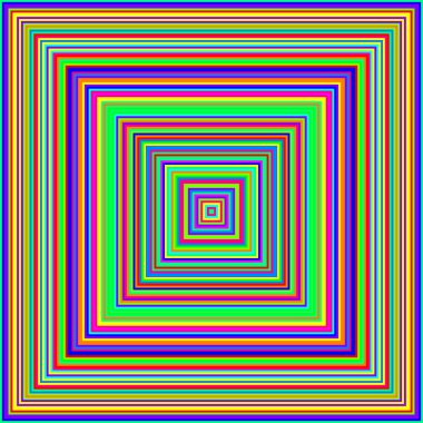 Renkli eş merkezli kareler, neredeyse hipnotik bir etkisi olan en küçükten en büyüğe parlak renklerde.