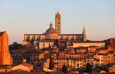 Günbatımında Siena Katedrali 'nin müstehcen manzarası. Uzun çan kulesi ve batan güneşle aydınlatılmış evler.