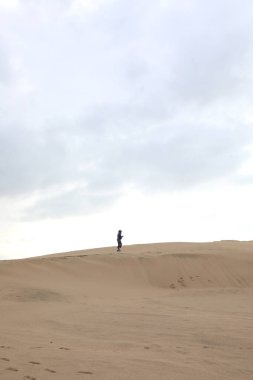 person walking on the sand of a desert dune with the sky and clouds above clipart