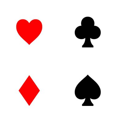 Kart oyunu sembolleri kırmızı kalp siyah maça ve beyaz arka planda kırmızı elmas 2x2 matris içinde şans ve kumarhane oyunu konsepti olarak ideal.