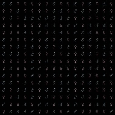 Rastgele karıştırılmış mavi ve pembe renkli toplam 256 karışık erkek ve kadın sembolü için 16x16 hücre matrisi