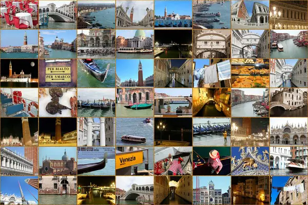 Kolaj, Kuzey İtalya 'da birçok adanın oluşturduğu ve her birinin etrafında altın çerçeveler bulunan ünlü şehir VENICE' in 56 farklı görüntüsünden oluşan bir şebekeye sahiptir.