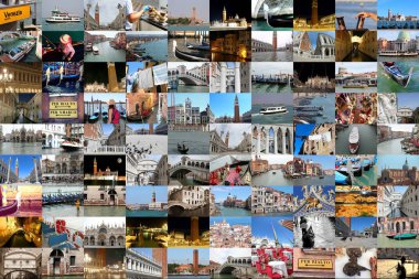 9x10 'luk bir ızgarada kolaj Kuzey İtalya' da çerçevesiz birçok ada tarafından kurulan ünlü VENICE şehrinin toplam 90 karışık görüntüsü.