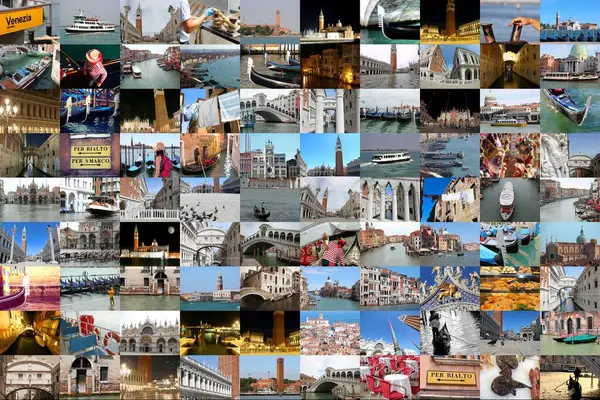 9x10 'luk bir ızgarada kolaj Kuzey İtalya' da çerçevesiz birçok ada tarafından kurulan ünlü VENICE şehrinin toplam 90 karışık görüntüsü.