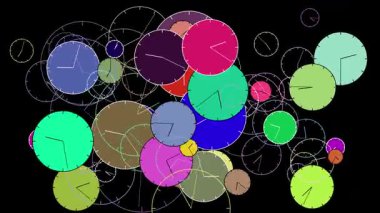 Değişik renk ve boyutlarda birçok saat elleri hareket ederken tekrar tekrar görünür ve kaybolur. Bu da tüm bireyler için zamanın nasıl geçtiğini gösterir.