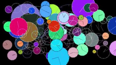 Ekranda tekrar tekrar beliren ve kaybolan farklı renk ve boyutlarda saatler. Elleri hareket halindeyken zamanın sürekli geçişi fikrini aktarıyorlar.